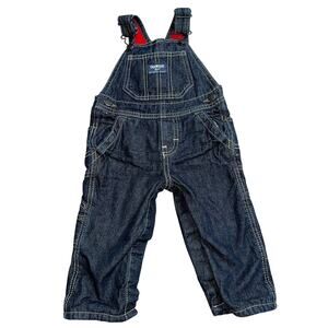 Oshkosh B'gosh 9M dark washed denim red fleece lined Blue carpenter Overalls